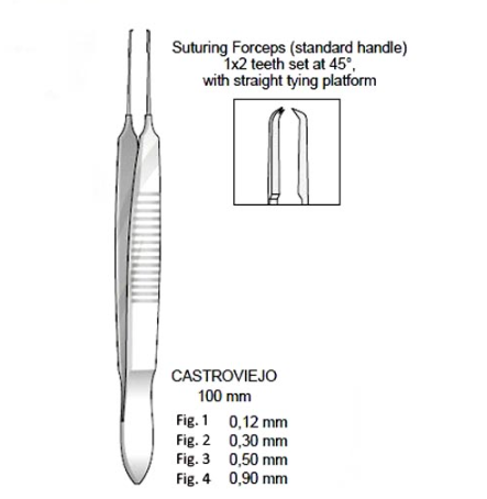 CASTROVIEJO SUTURING FORCEPS 100MM, 1×2 TEETH W STRAIGHT TYING PLATFORM